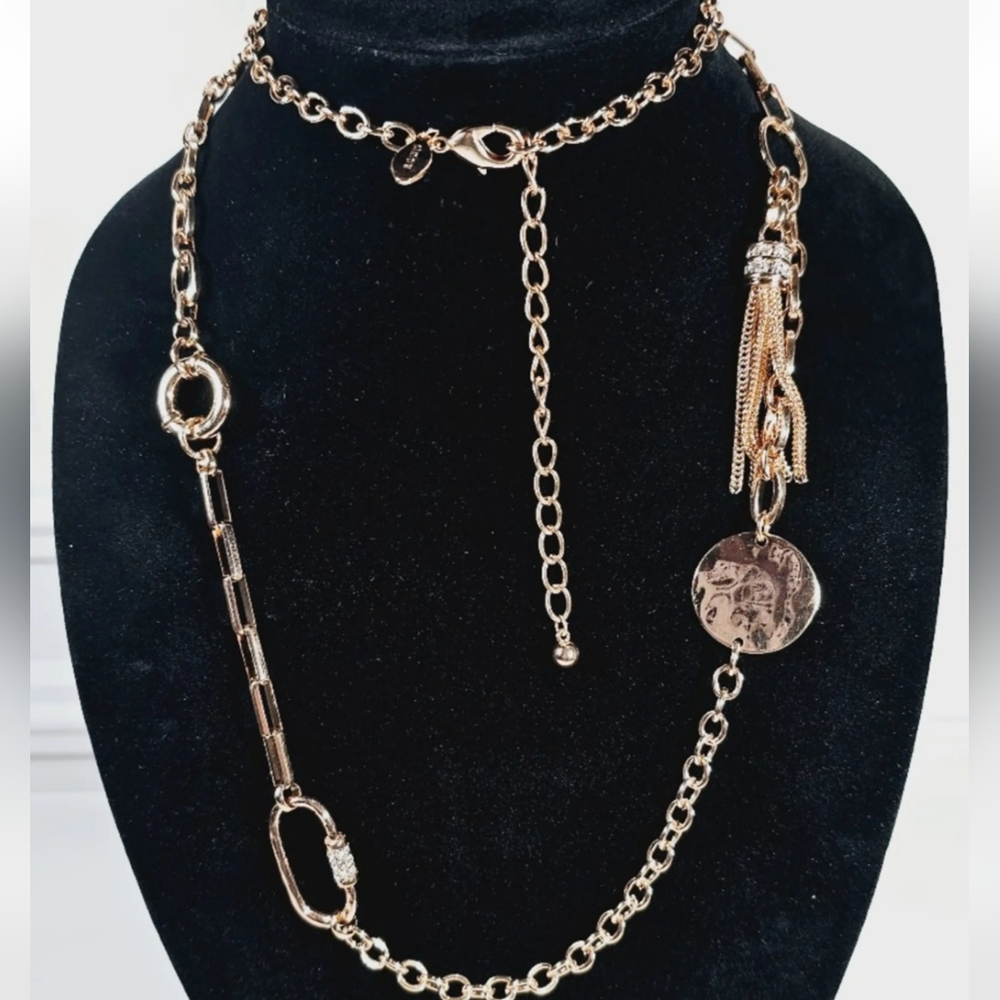 Chico's Gold Tone Long Link Necklace with Tassel and Coin Charm